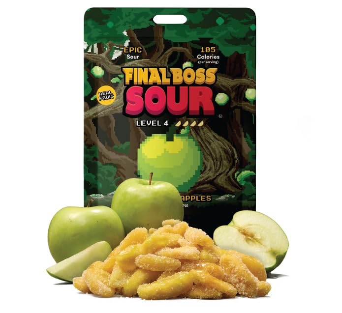 Final Boss Green Apple Level 4 sour candy close-up bite showing bold real fruit flavor.