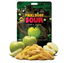 Final Boss Green Apple Level 4 sour candy close-up bite showing bold real fruit flavor.