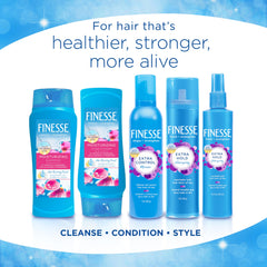 Finesse label close-up highlighting camellia oil and proteins for stronger hair.