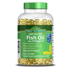 Finest Nutrition Half-The-Size Fish Oil bottle, compact design ideal for daily heart health support