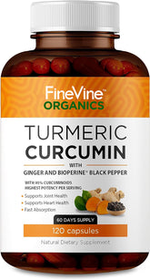 FineVine Organics turmeric curcumin bottle on shelf for daily joint support.