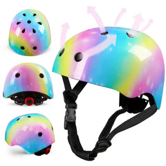 FIODAY kids elbow pads rainbow front view; flexible, snug protection.