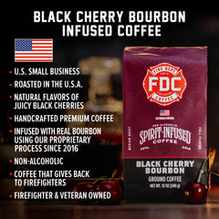 Close-up of Fire Department Coffee Black Cherry Bourbon Infused grounds and roasted beans.