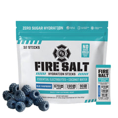 Fire Science Nutrition Fire Salt Hydration Sticks blue raspberry pack provides on-the-go electrolytes.