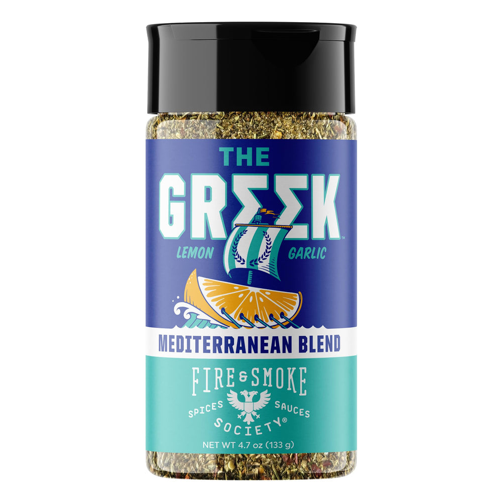 Fire & Smoke Society Greek Seasoning bottle with herbs enhances seafood flavors