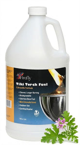 Firefly Fuel Tiki Torch Fuel bottle pour demonstrates clean-burning outdoor lighting with minimal odor.