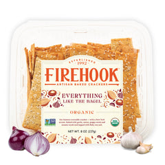 Firehook Everything Bagel Crackers box showing craveable crunch and aroma.
