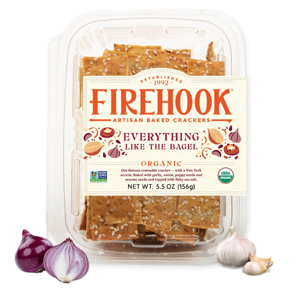 Firehook Everything Like the Bagel Crackers box-front view signals artisanal quality