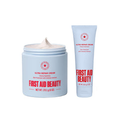 First Aid Beauty Ultra Repair Cream jar close-up with whipped texture for deep hydration