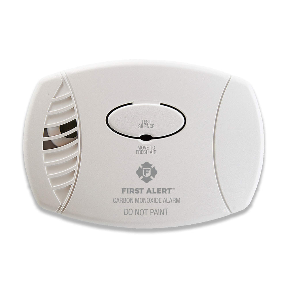 First Alert CO600 plug-in carbon monoxide alarm, front view, simple wall placement for any room.