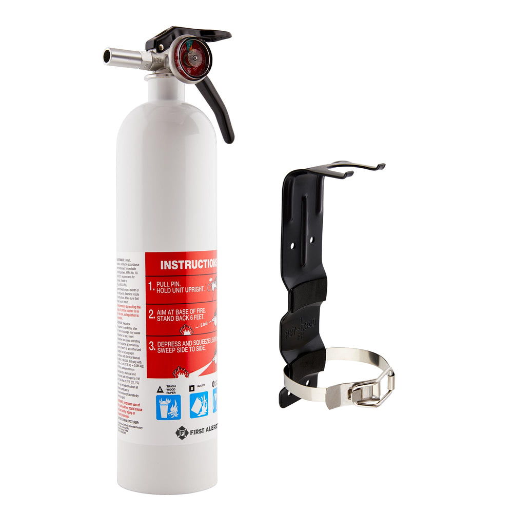 First Alert Marine1 extinguisher with metal head for durability on board.