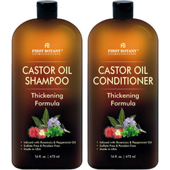 First Botany Castor Oil Shampoo bottle demonstrates a sulfate free formula for thicker looking hair.