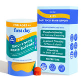 FIRST DAY Kids Focus bottle shows peach gummies for daily focus in kids.