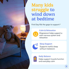 FIRST DAY Kids Magnesium Citrate Gummies close-up shows strawberry flavor and kid-friendly taste.