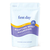 FIRST DAY Kids Magnesium Citrate Gummies packaging highlights allergen-free formula for peaceful nights.