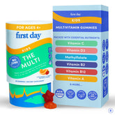 First Day Kids Multivitamin Gummies bottle front promotes daily nutrient intake for growing kids.