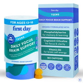 FIRST DAY teen brain-focus bottle with apple-flavored gummies ready for study
