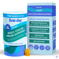 FIRST DAY teen brain-focus bottle with apple-flavored gummies ready for study
