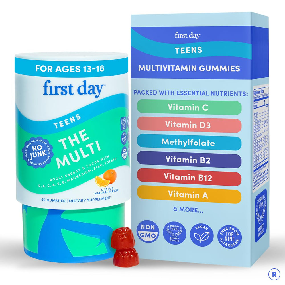 FIRST DAY Teens bottle front view, easy daily gummies for teen wellness
