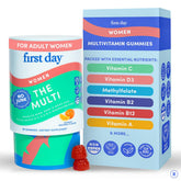 FIRST DAY Women's Multivitamin Gummies on bottle display for daily wellness support.