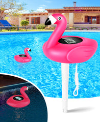 FirstE flamingo floating pool thermometer for precise water readings.