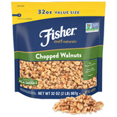 Fisher Chef's Naturals chopped walnuts in resealable bag for on-the-go snacking.