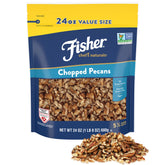 Fisher Chef's Naturals unsalted chopped pecans in front bag, perfect for snacking