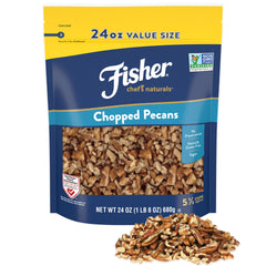 Fisher Chef's Naturals unsalted chopped pecans in front bag, perfect for snacking