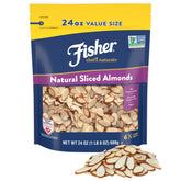 Fisher Chef's Naturals unsalted sliced almonds in 24oz bag for baking and snacking.