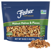Fisher Chef's Naturals walnuts in resealable bag with freshness seal for easy snacking.