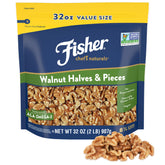 Fisher Chef's Naturals walnut halves in a resealable bag, perfect for baking.