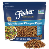 Fisher Honey Roasted Pecans bag with resealable lid preserves freshness for snacking.