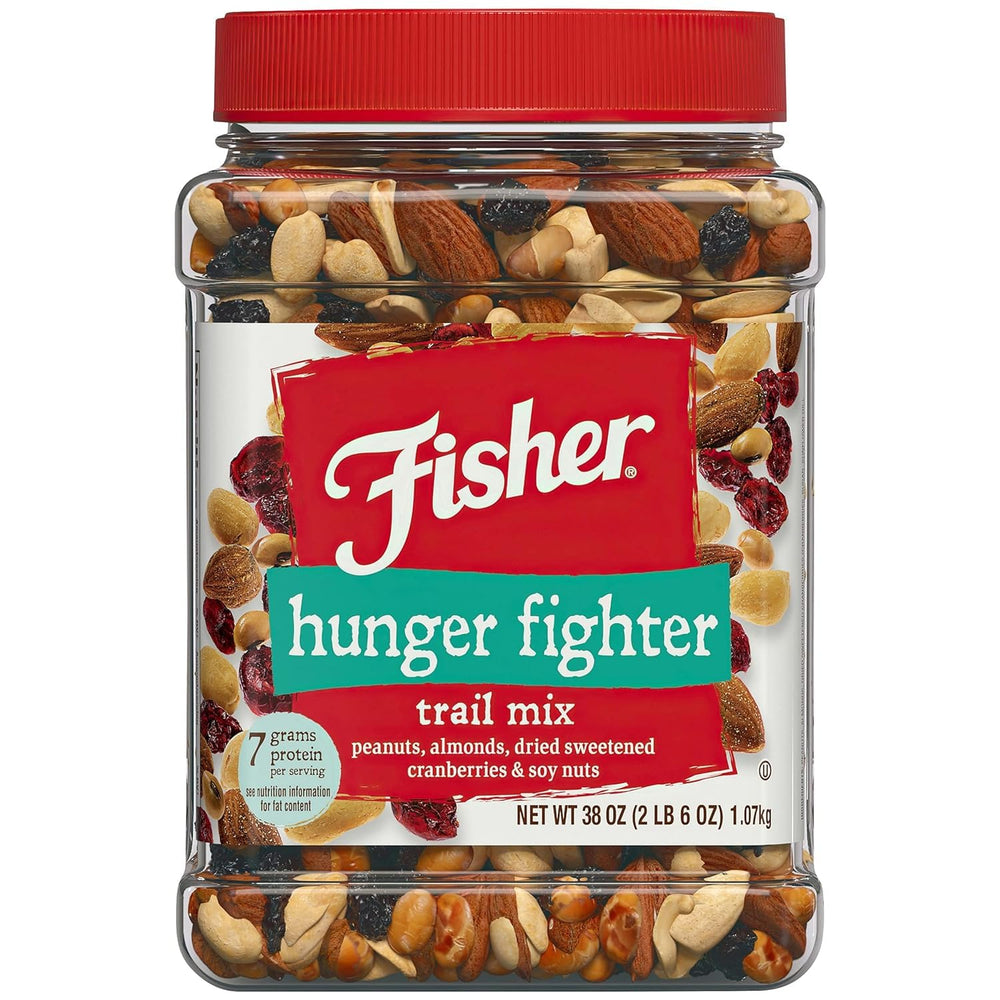 Fisher Chef's Naturals Hunger Fighter Trail Mix jar close-up, showcasing nuts for a satisfying on-the-go snack.