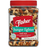 Fisher Chef's Naturals Hunger Fighter Trail Mix jar close-up, showcasing nuts for a satisfying on-the-go snack.