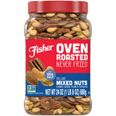 Fisher Oven Roasted Never Fried Deluxe Mixed Nuts canister for on-the-go snacking.