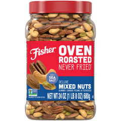 Fisher Oven Roasted Never Fried Deluxe Mixed Nuts canister for on-the-go snacking.