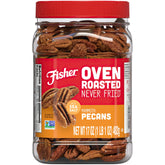 Fisher Oven Roasted Mammoth Pecans 17oz packaging showcases a convenient snack.