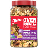 Fisher Oven Roasted Never Fried Mixed Nuts in a jar for convenient on-the-go snacking.