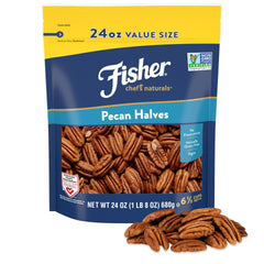 Fisher pecans bag front showing unsalted halves for baking and snacking.