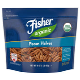 Fisher Organic Pecans Halves in resealable bag for freshness and easy storage