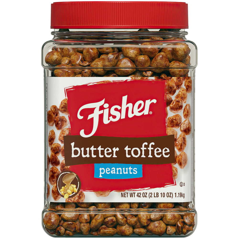 Fisher Snack Butter Toffee Peanuts canister shows rich flavor and a protein-rich snack.