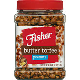 Fisher Snack Butter Toffee Peanuts canister shows rich flavor and a protein-rich snack.