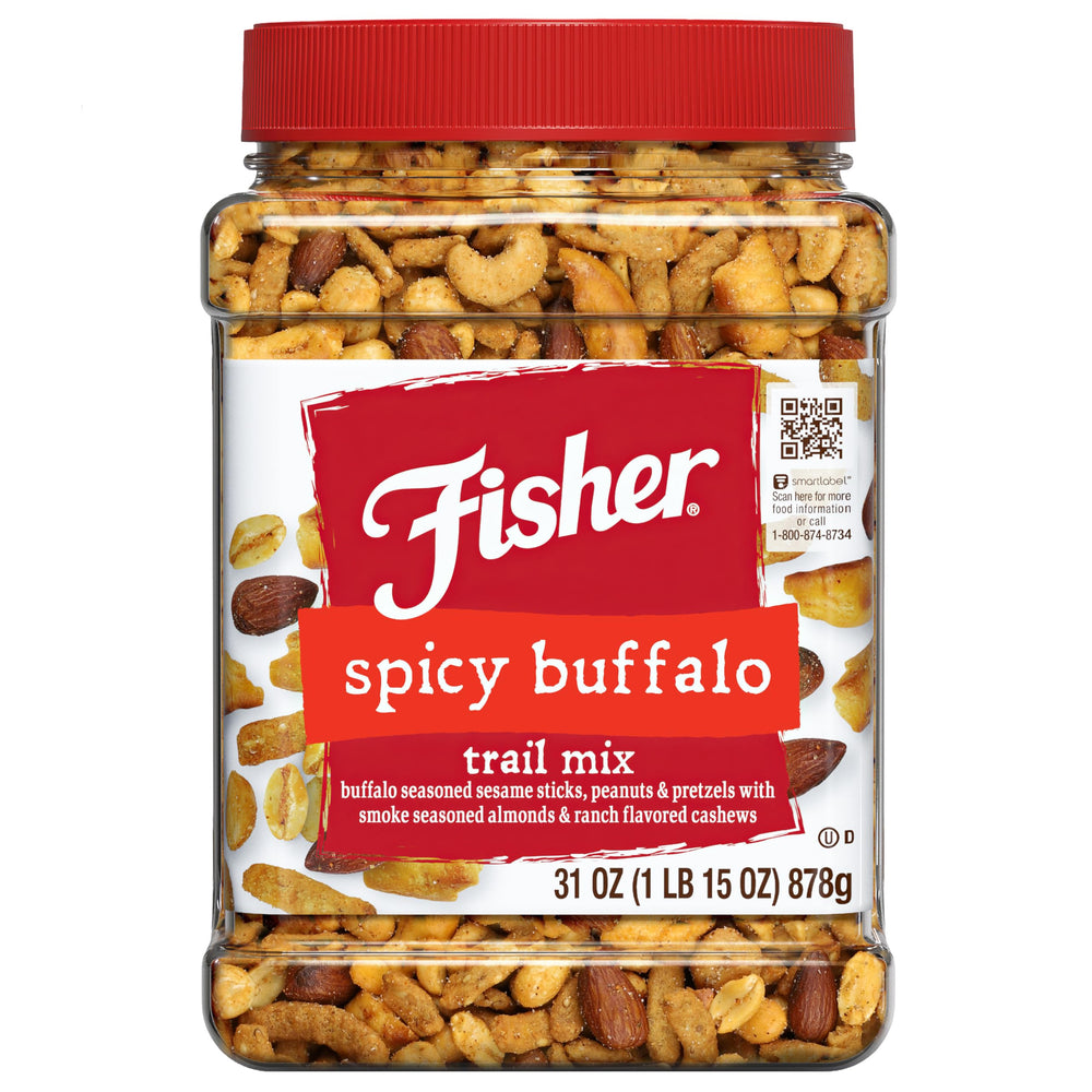 Fisher Spicy Buffalo Trail Mix jar shows bold flavor for gatherings