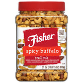 Fisher Spicy Buffalo Trail Mix jar shows bold flavor for gatherings