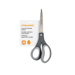 Fiskars left-handed titanium scissors with blade close-up for precise cutting.