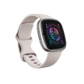 Fitbit Sense 2 front view in lunar white platinum for all-day wellness tracking.