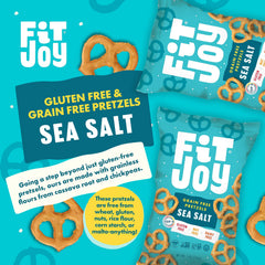 FitJoy sea salt pretzels dusted sea salt closeup; premium flavor and clean ingredients.