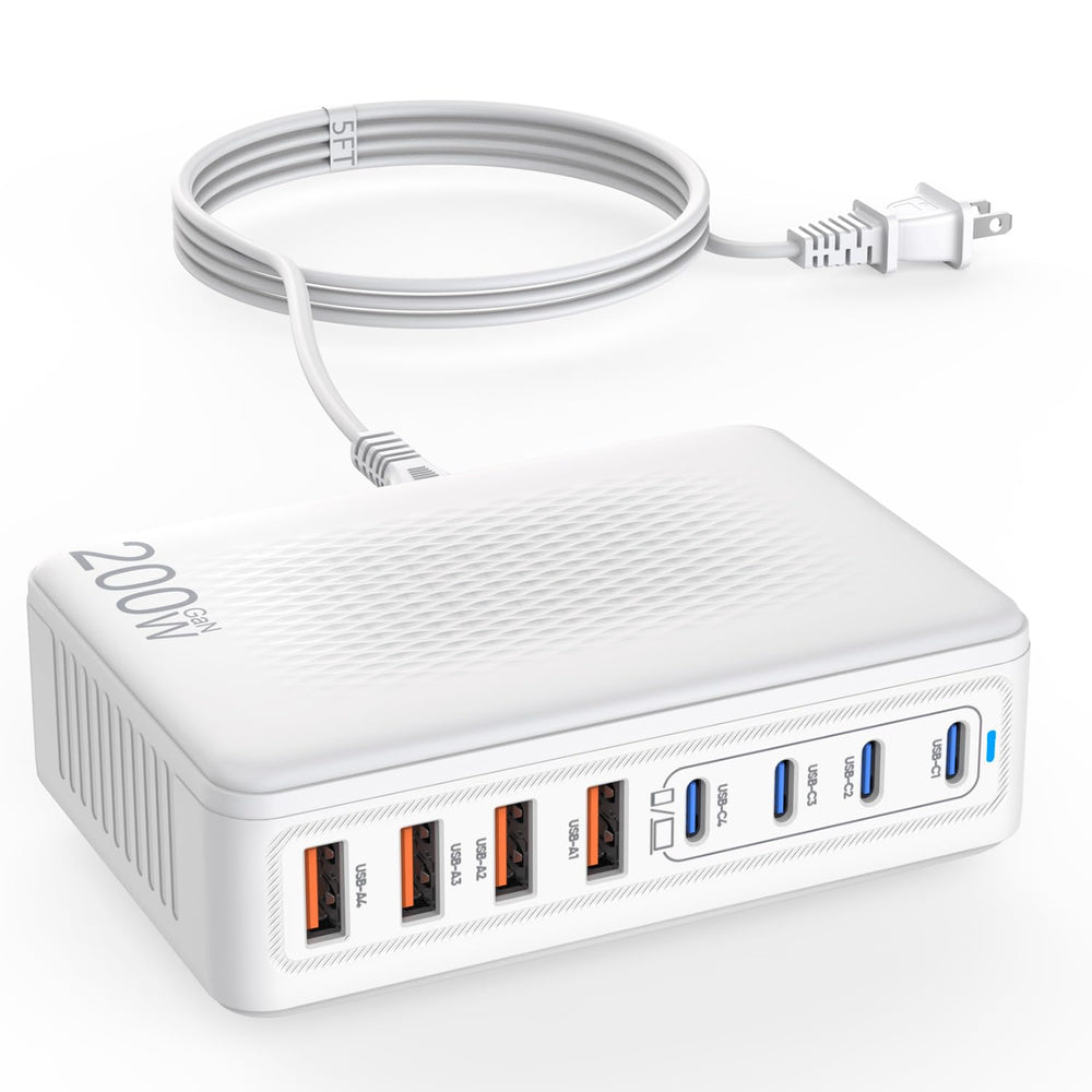 Fitquipment 200W GaN 8-port charging station front view powering multiple devices