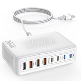 Fitquipment 200W GaN 8-port charging station front view powering multiple devices