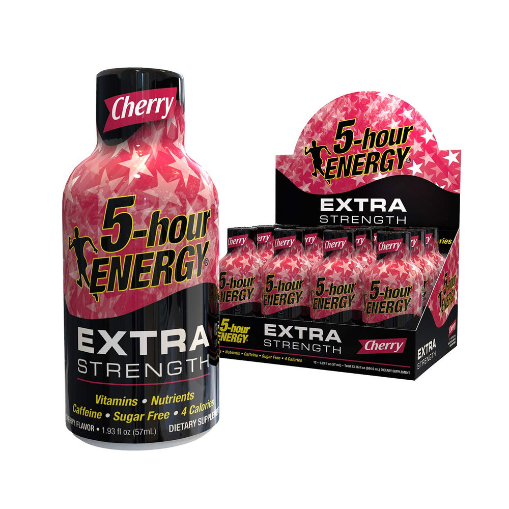 Five-hour Energy Extra Strength Cherry shot packaging for on-the-go alertness.